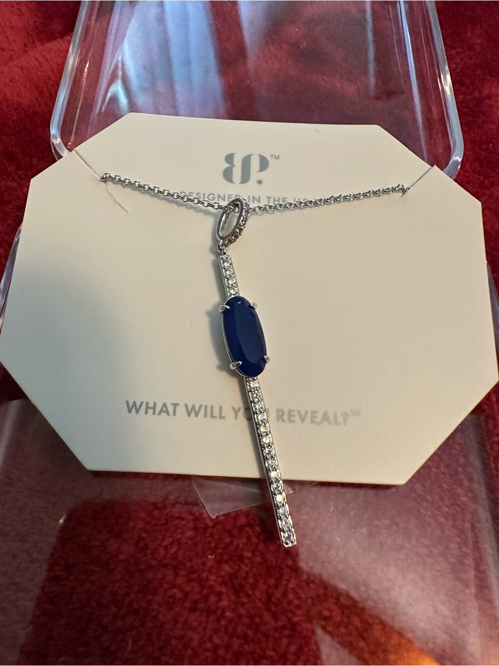 bp Silver-Tone Necklace with Blue Oval Stone and Crystal Bar